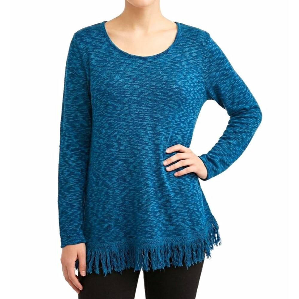 Massini Womens Sweater 1X Blue Heathered Knit Fringe Hem Pullover Hippie boho